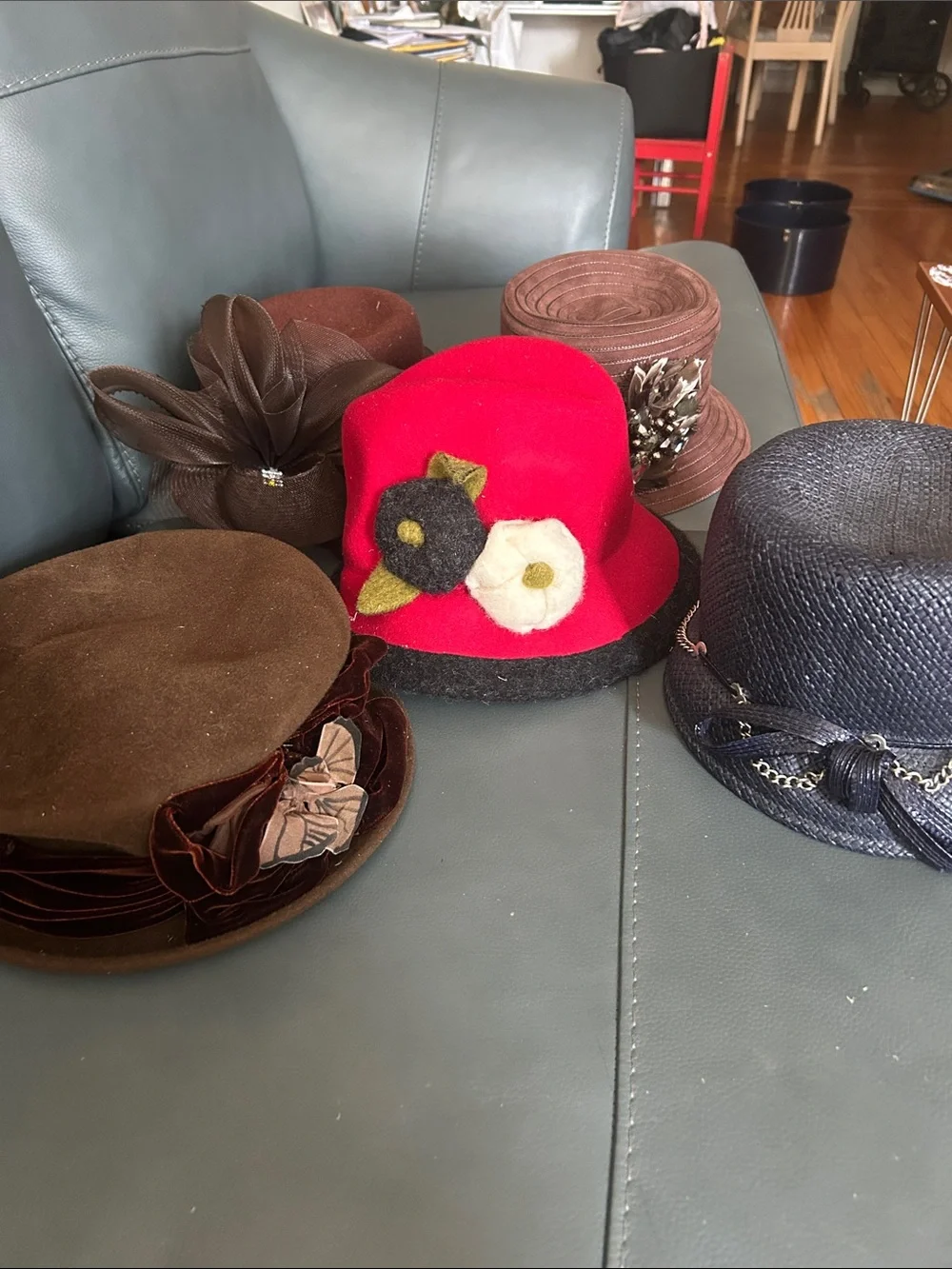 Red Felt Women's Cloche Hat with Floral Accent